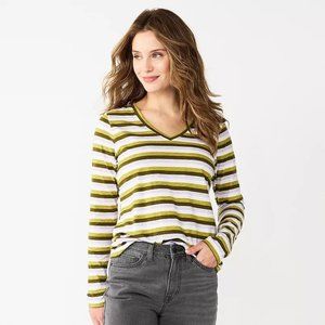 Women's Sonoma Goods For Life Everyday V-Neck Tee in Olive Stripe Size Large